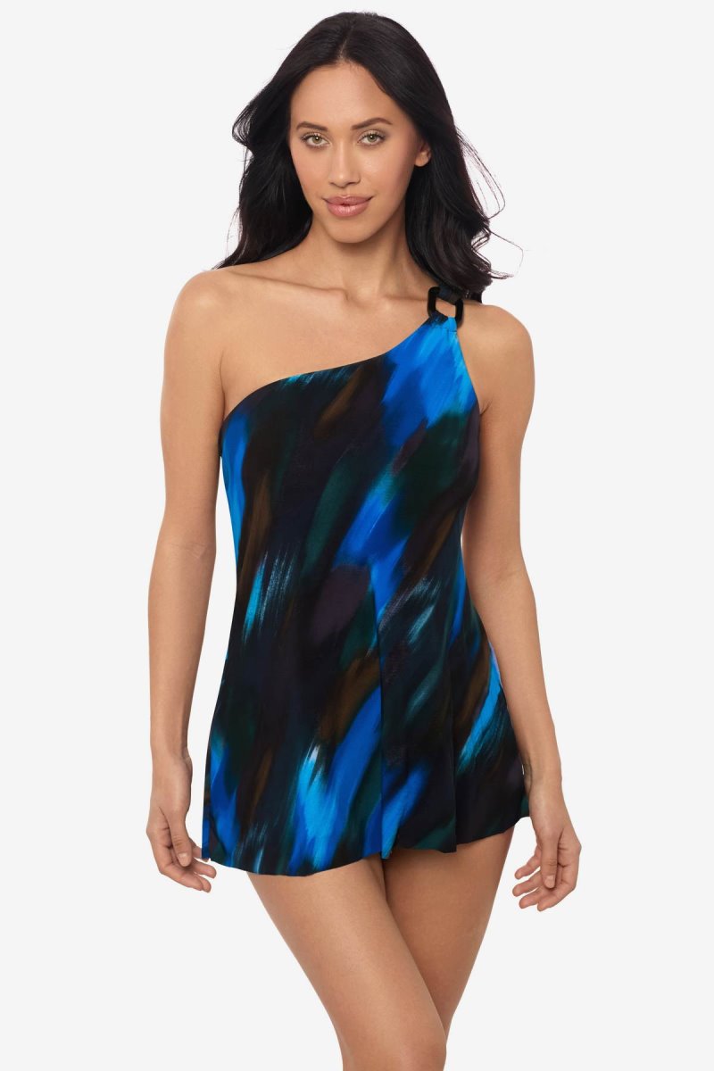 Women's Blue / Multicolor Swipe Right Amal One Piece Swim Dress - Miraclesuit USA | DN419751H4