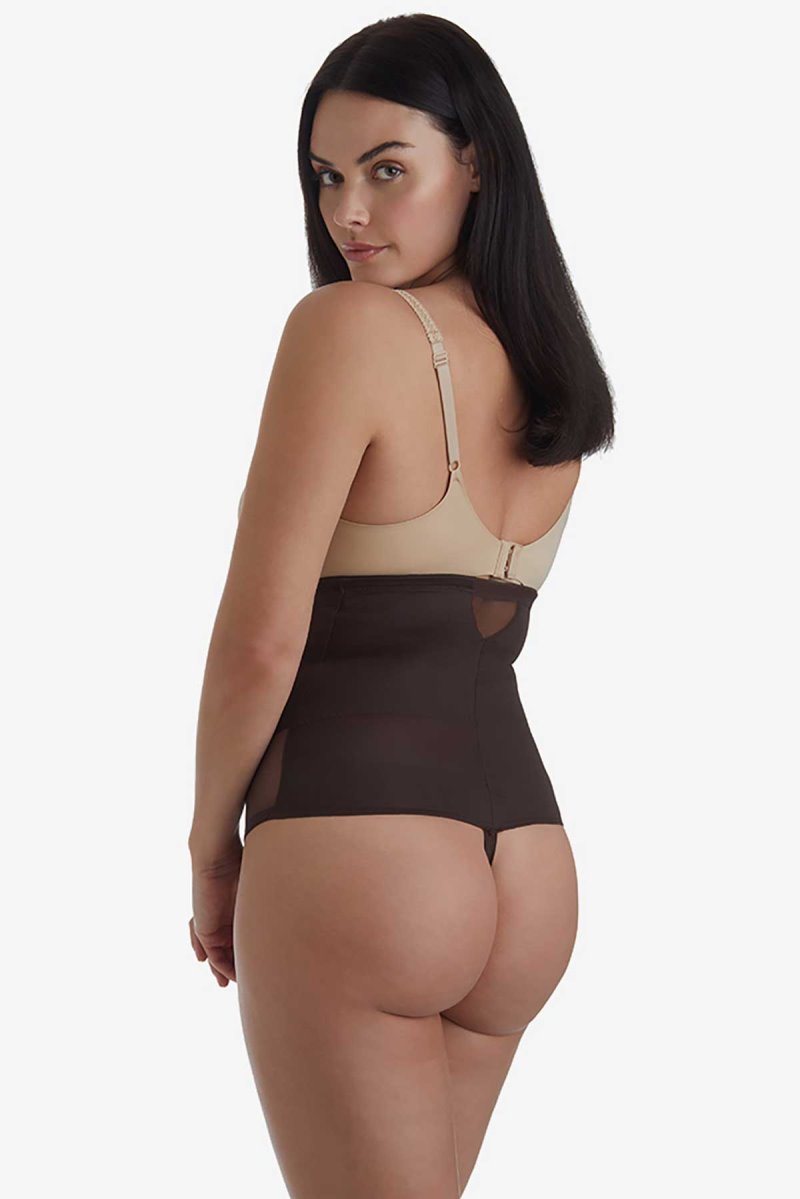 Women's Brown / Black Sexy Sheer Extra Firm Control High Waist Thong Shapewear - Miraclesuit USA | WW001820I9